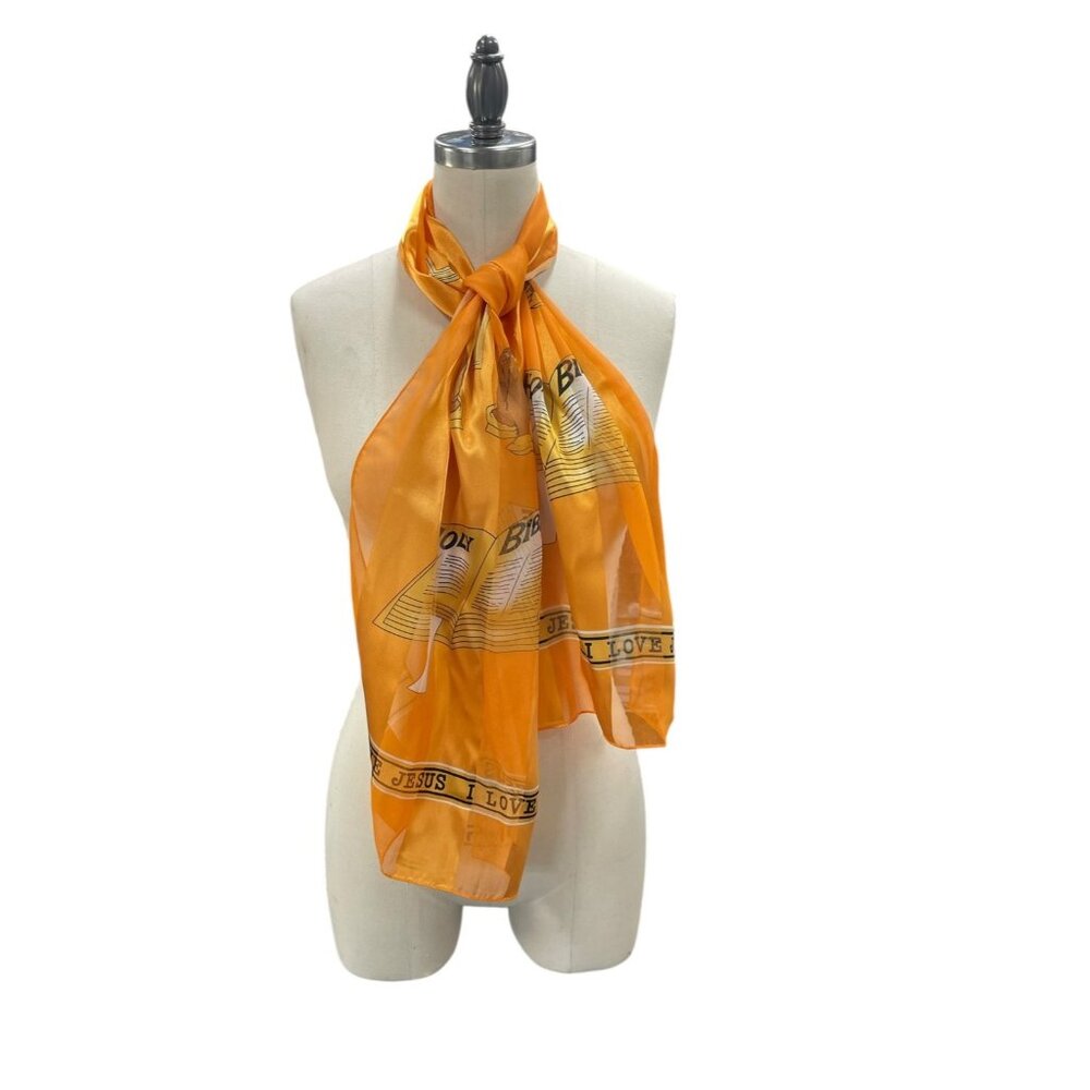 Orange "I Love Jesus Holy Bible" Silk Feel Polyester‎ Scarf Wrap Head Cover